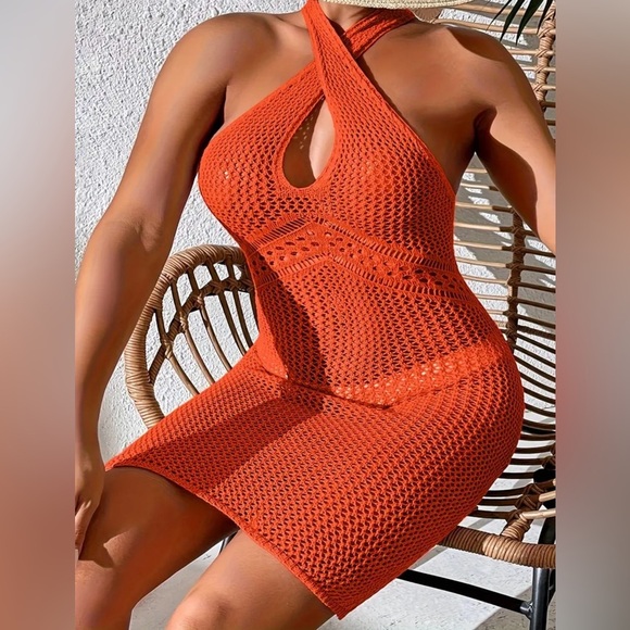 Plus Size Orange Hollow Out Cover Up Beach Dress - Picture 4 of 5